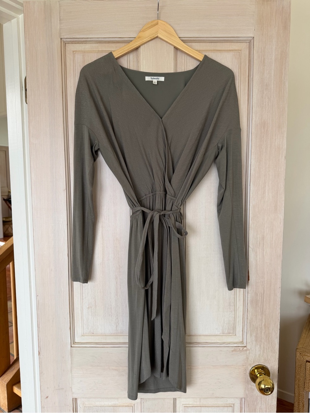 Splendid Olive Wrap-Front Long-Sleeve Dress with Tie